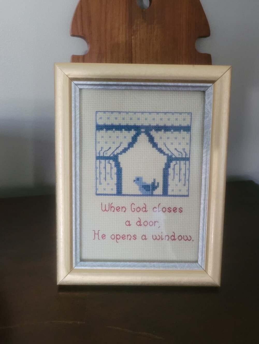 Vintage Framed Cross Stitch Wall Art - "When God Closes a Door, He Opens a Windo